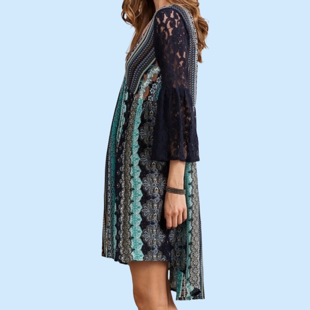 ❌DONATED❌Burgundy Black Stripe Pattern V-neck Boho Lace Sleeve Dress - Picture 2 of 11